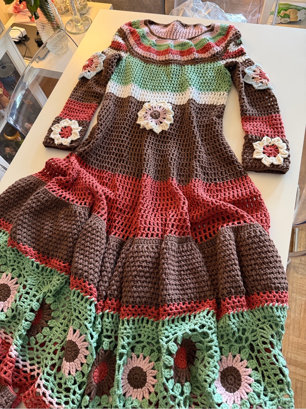 Boho Crochet Maxi Dress with Floral Motif - Brown & Green
